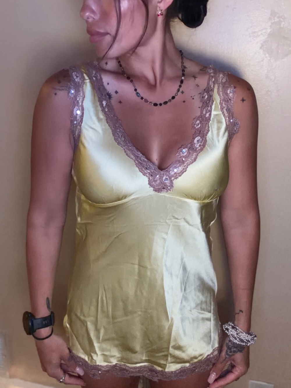 Gold Hawk %100 Silk Y2K Lace Trim Tank Top- Yellow 90s Fashion